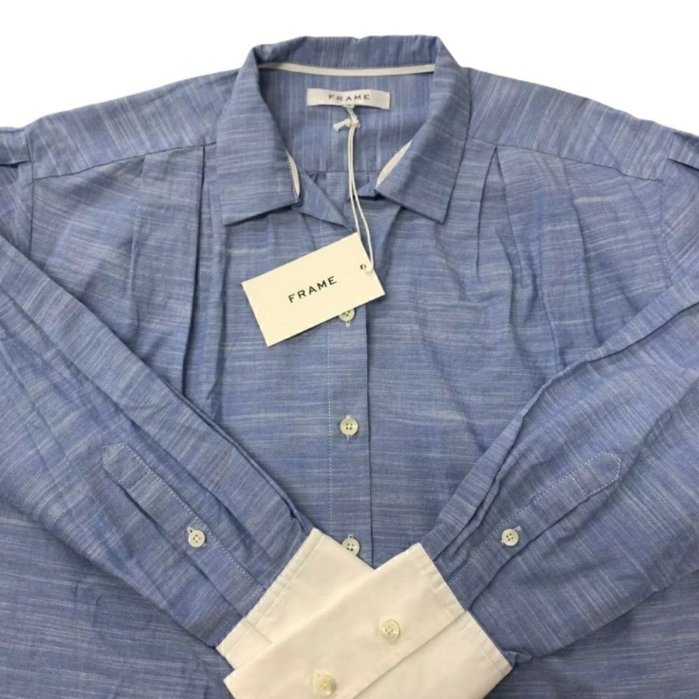 Frame Oxford Blue Pleated Contrast Cuff Button Up - Picture 11 of 11
